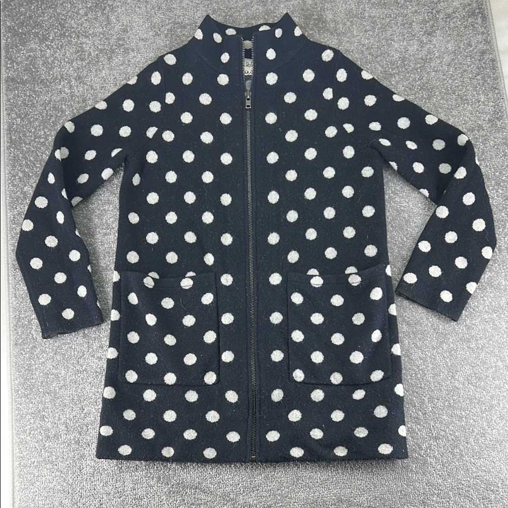 Field Flower Long Zip Up Sweater Jacket Blue Black White Polka Dot Women XS Wool